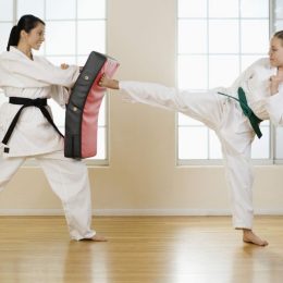 An Image showing a young girl trying to defending her opponent by holding an equipment.