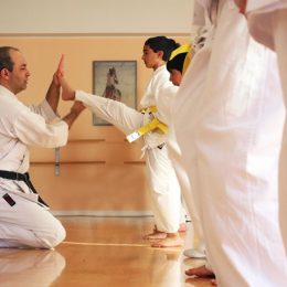 Image Showing a karate coach teaching an attitude to his student.