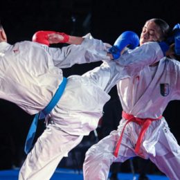 Two Male Martial Art Fighters On Action In Their Karate Training Session.