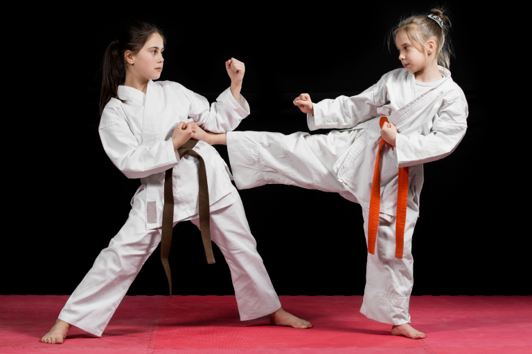 A Shot Of Two Kids Training Karate Martial Arts.